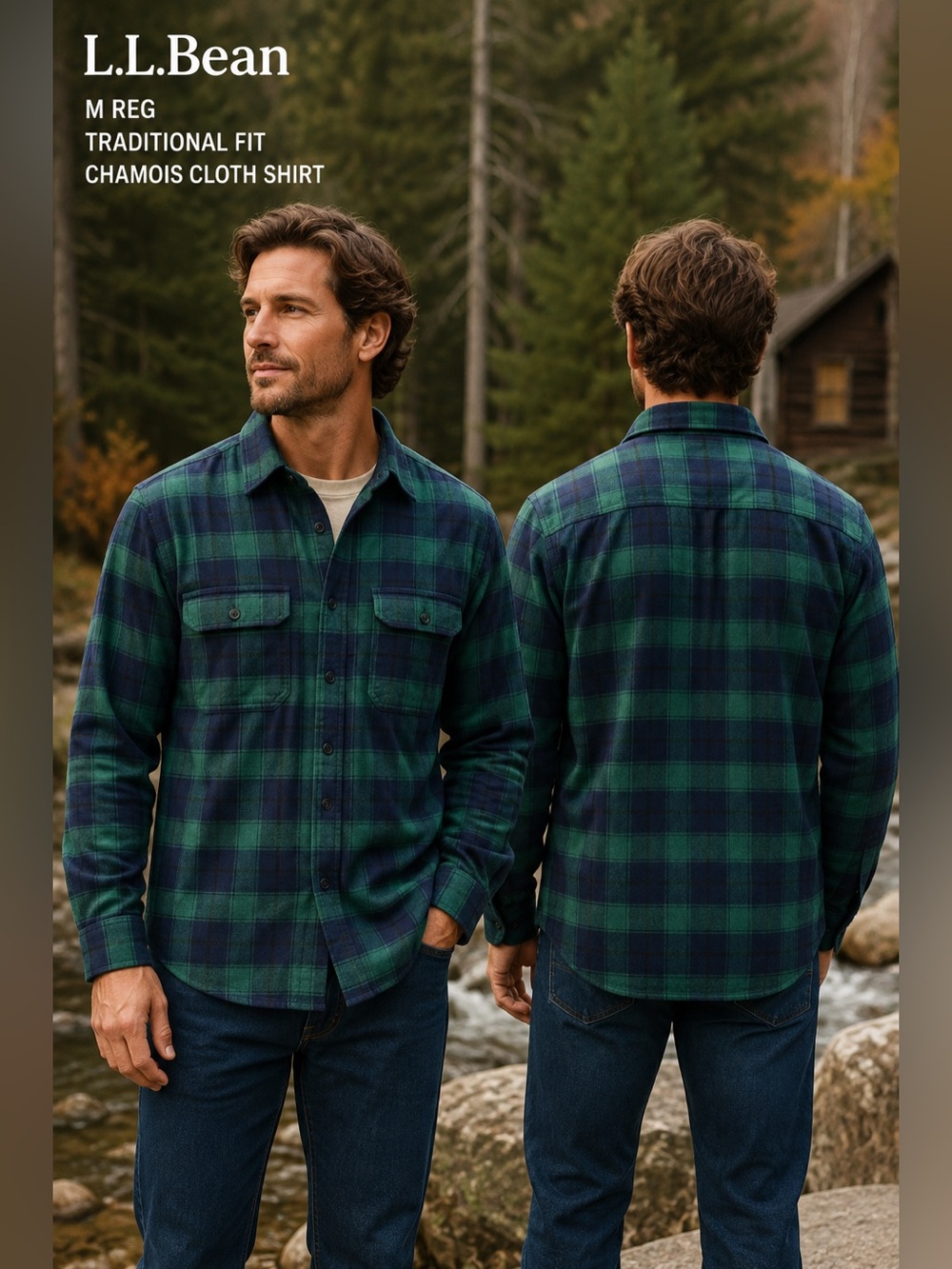 L.L.Bean mens medium Chamois Cloth Shirt Green Navy Plaid Flannel cabincore work